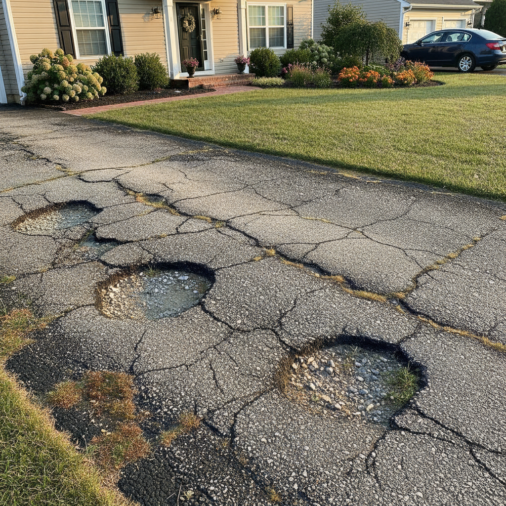 Residential asphalt paving Lodi NJ driveway with visible cracks and wear, showing signs it needs replacement