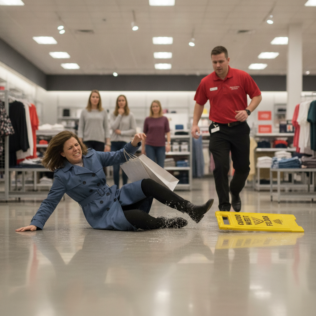 A store aisle with a wet floor sign, highlighting the importance of property safety and the role of a slip and fall lawyer KC