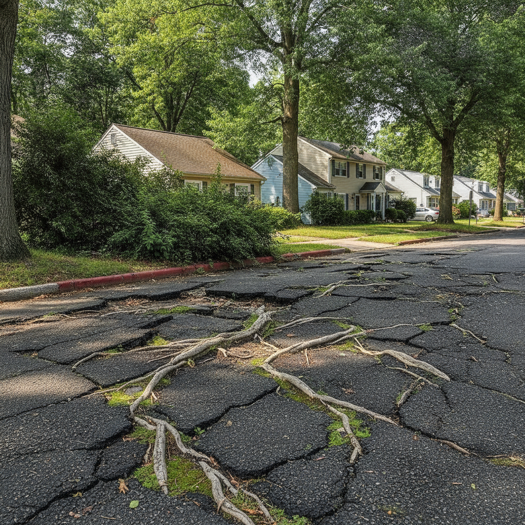 Tree roots lifting and cracking asphalt pavement, demonstrating a need for Asphalt Repair Lodi NJ solutions