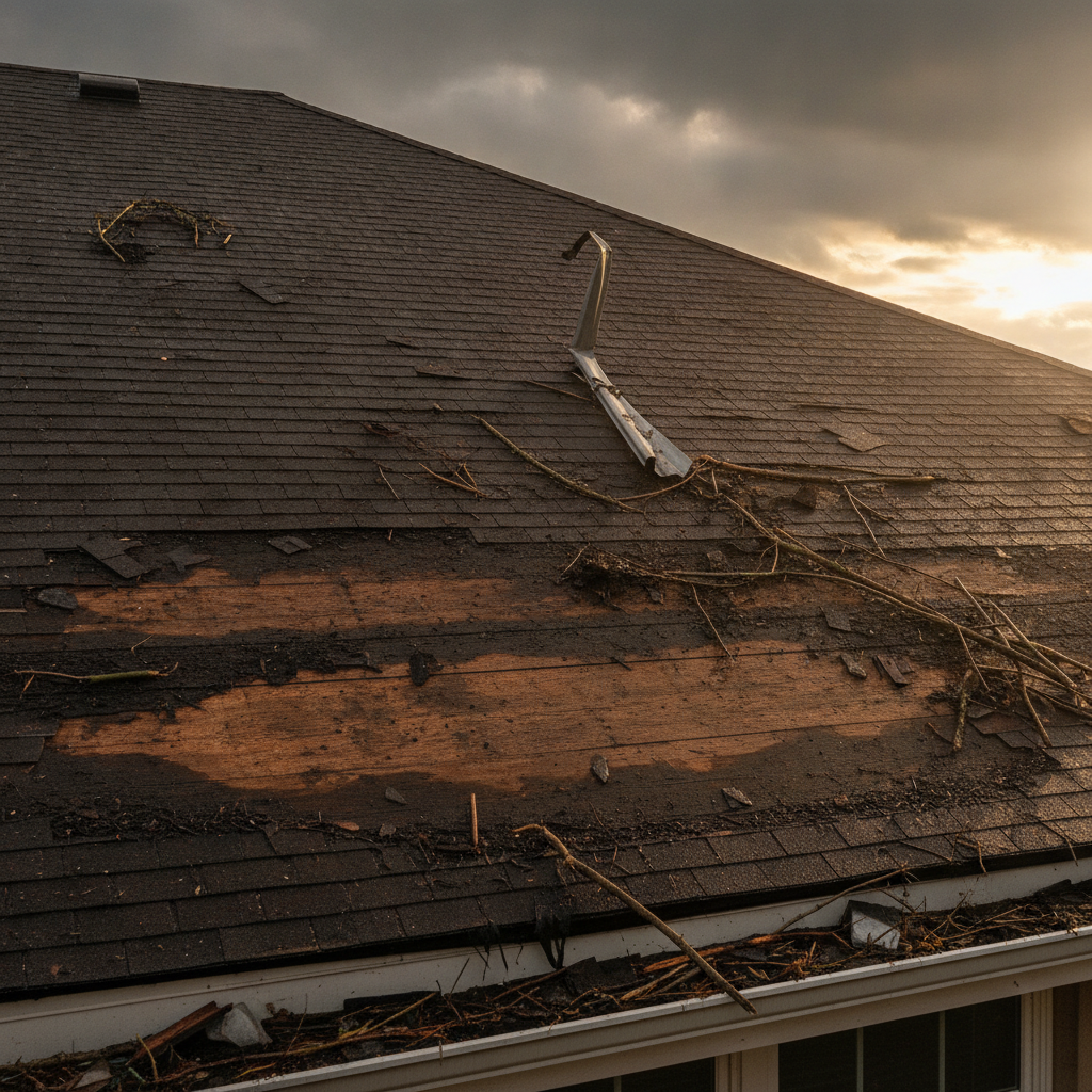 Storm-damaged roof with debris and missing shingles