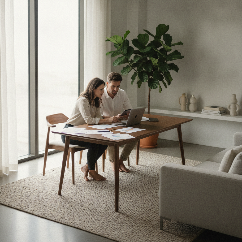 A thoughtful person reviewing credit and financial documents before an Ohio divorce, focusing on protecting credit and child custody concerns