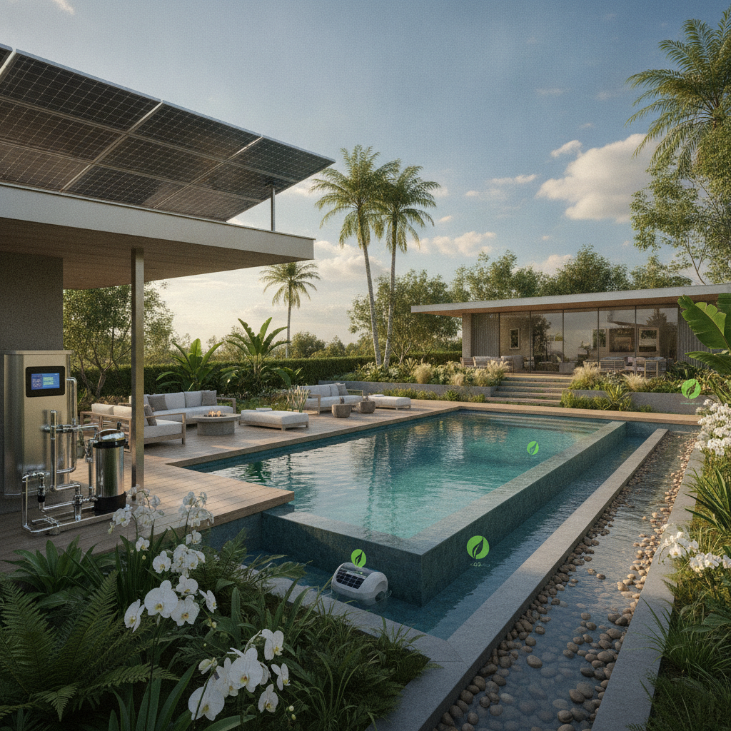 Modern pool equipment installation Irvine CA – energy-efficient pumps, filters, and automation beside a sparkling backyard pool