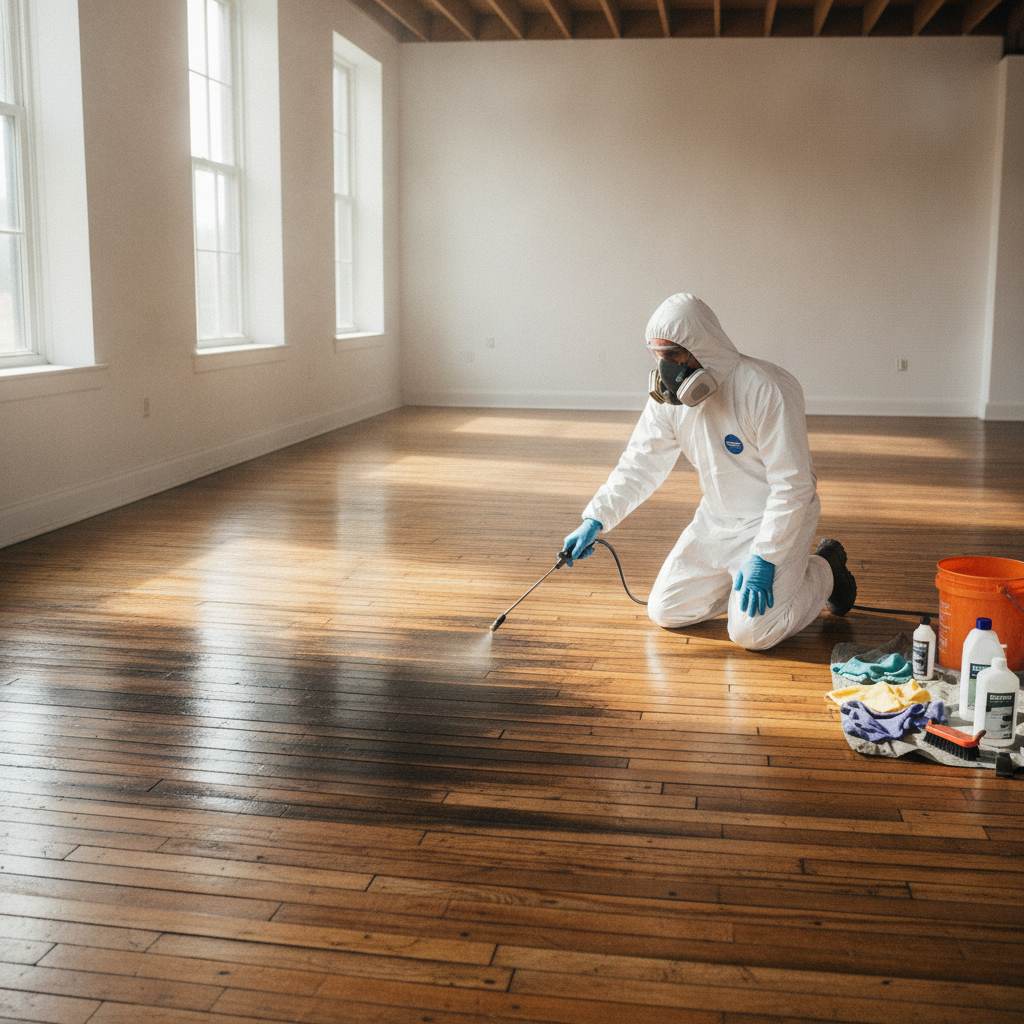 Technician applying antimicrobial treatment to a water-damaged wall as part of water damage restoration in Bloomfield Hills