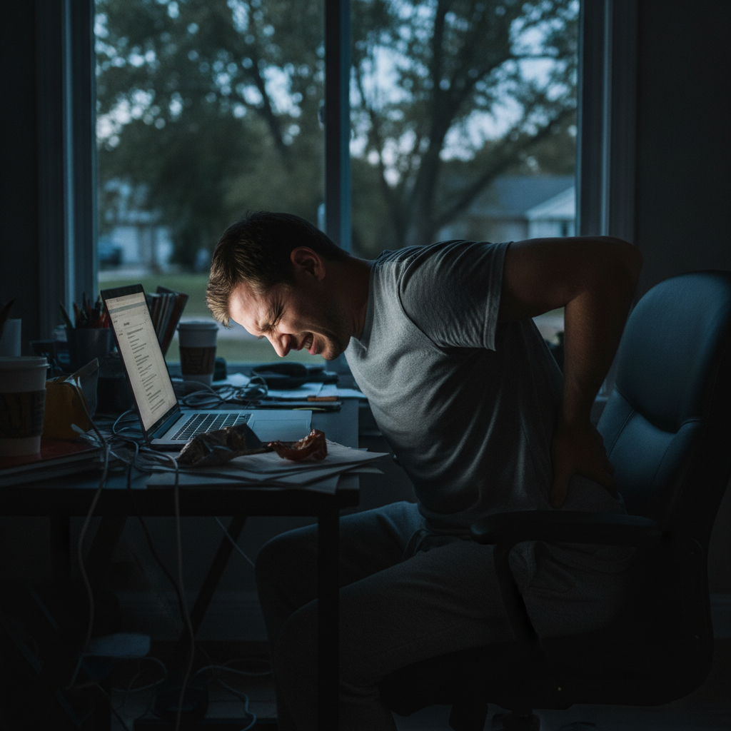 Person slouching at a desk with rounded shoulders, illustrating how poor posture leads to back pain relief Rochester Hills residents seek