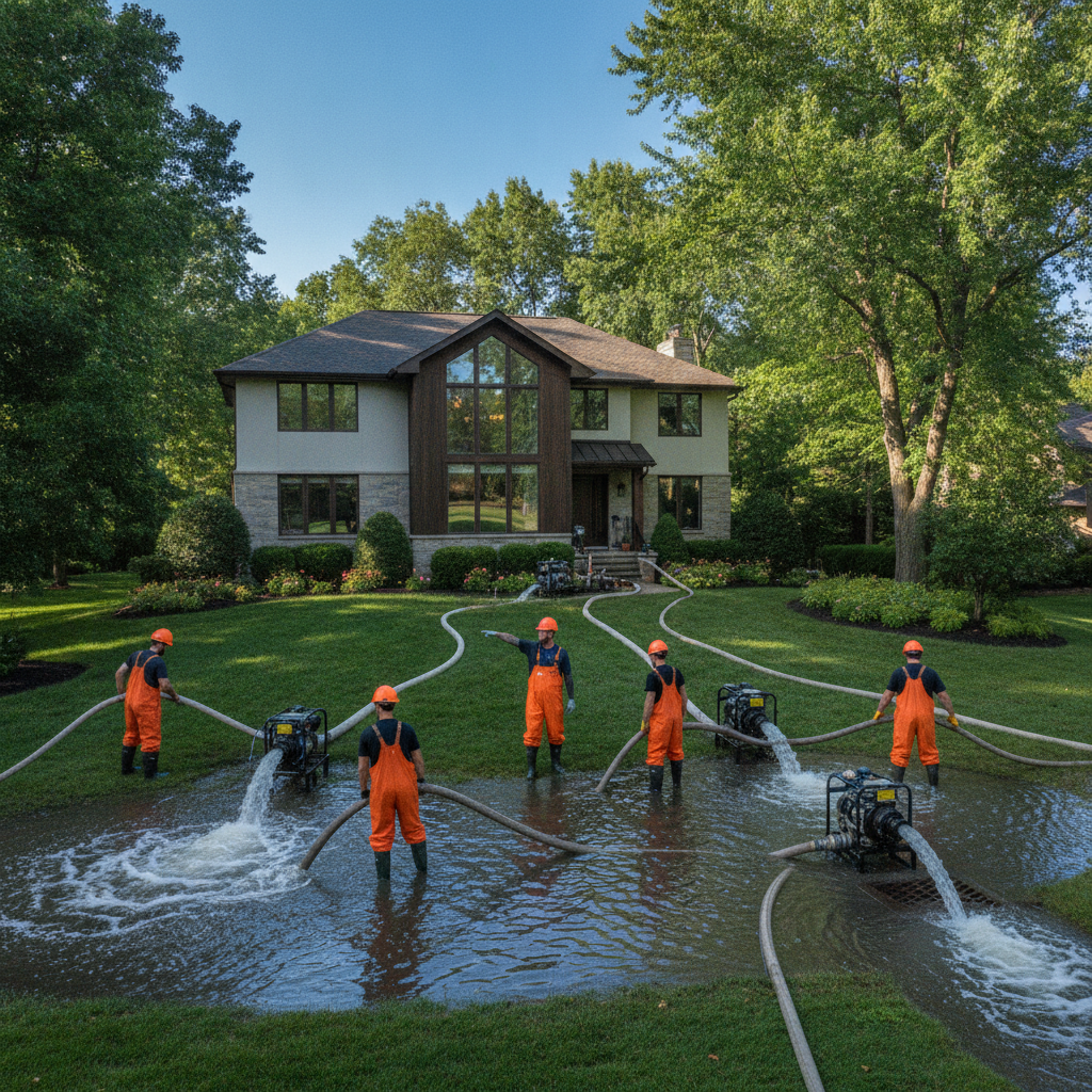 Flooded commercial building with restoration crew and equipment, Water Damage Restoration Bloomfield Hills