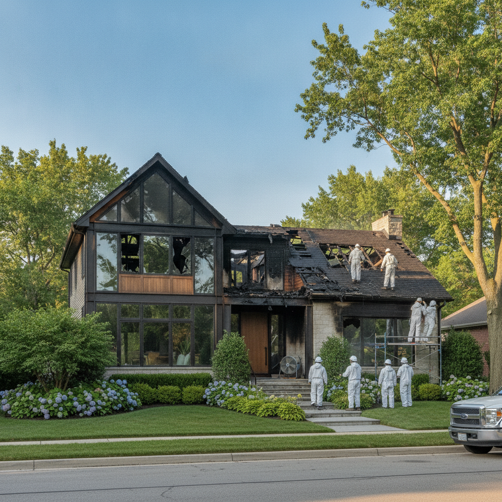 Fire damage restoration experts at work in a Bloomfield Hills business, showcasing advanced cleanup and rebuilding techniques for Fire Damage Restoration Bloomfield Hills