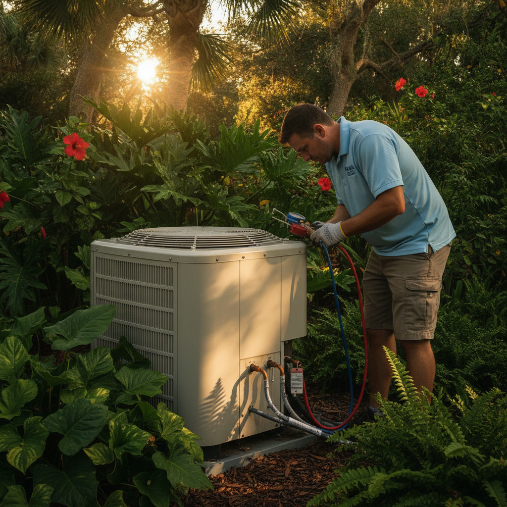 Technician checking AC refrigerant levels for AC Repair Palm Harbor FL