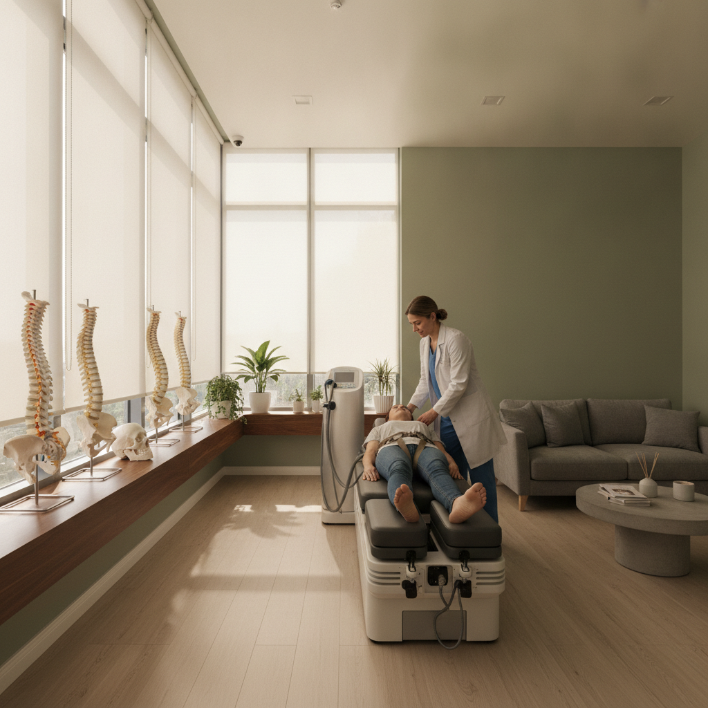 Illustration of spinal decompression therapy equipment and patient in a modern clinic, demonstrating Spinal Decompression Therapy West Des Moines IA