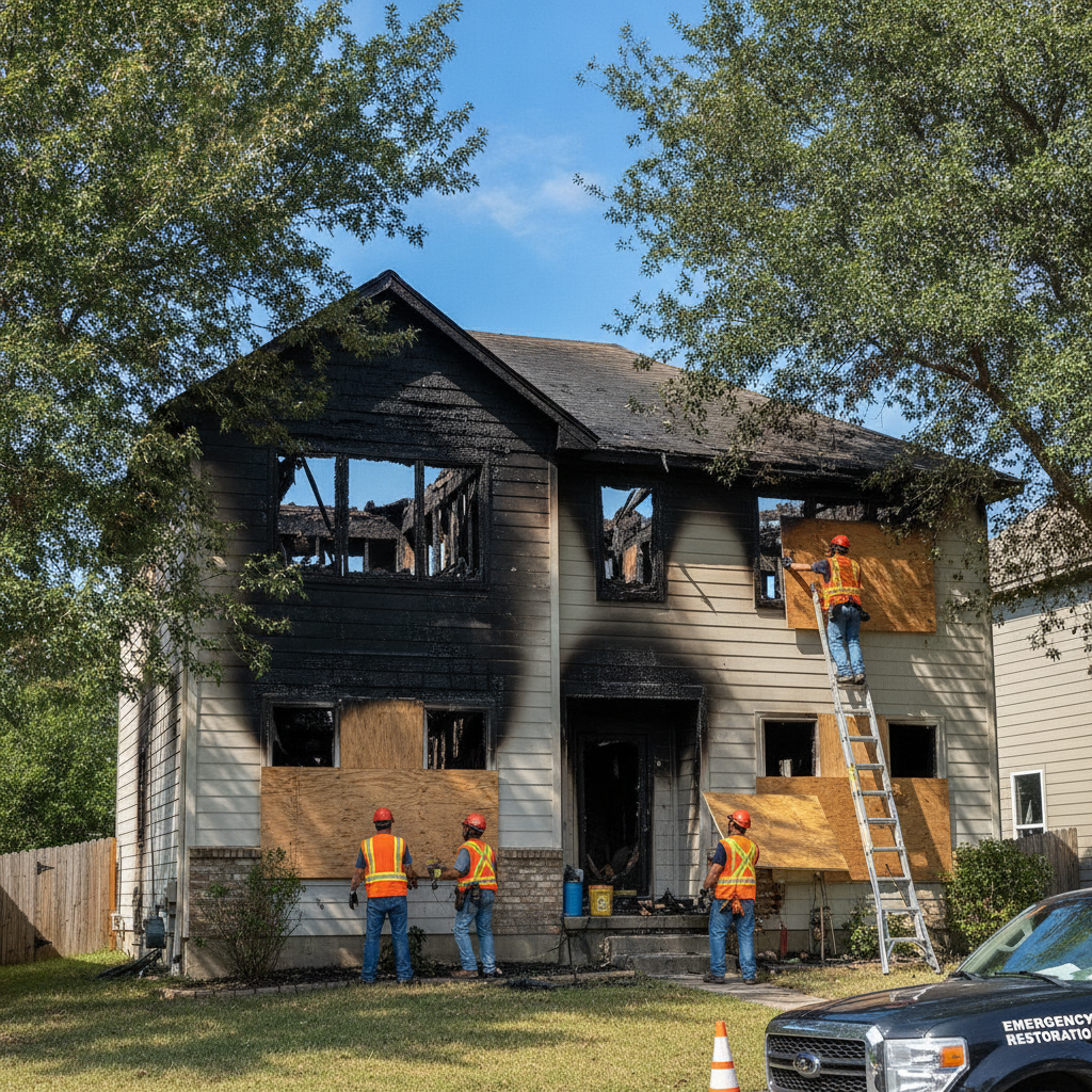 Emergency board-up and property securing after fire damage, showing a team installing protective boards on a storefront, related to Fire Damage Restoration Bloomfield Hills