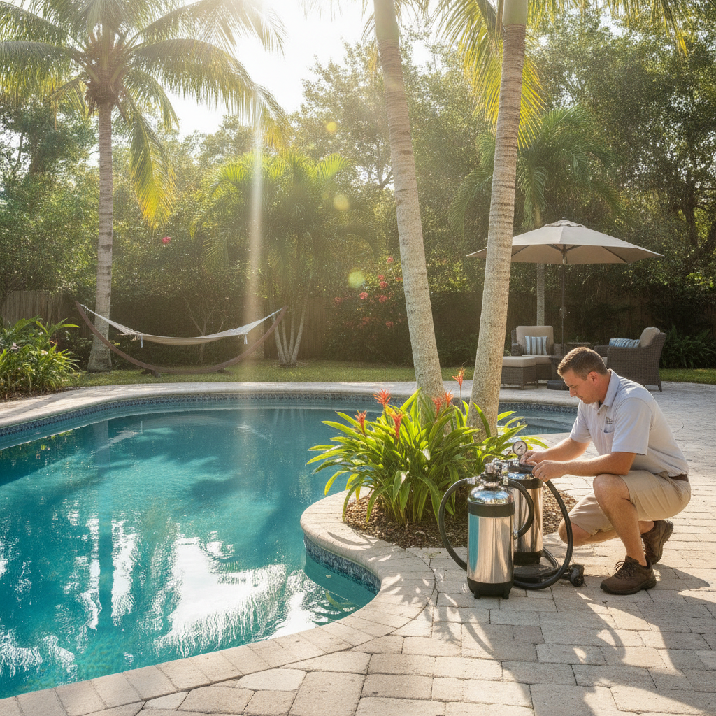Technician performing pool filter cleaning service Irvine CA with professional tools beside a residential pool