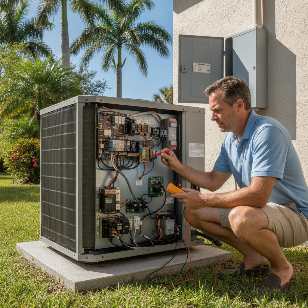 Technician inspecting AC electrical panel for emergency AC repair Tampa FL