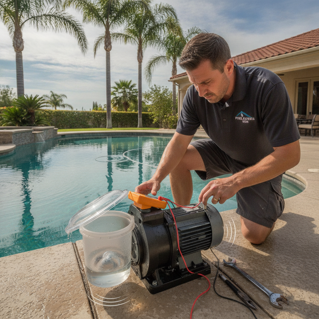 Technician performing pool pump repair Rancho Margarita CA, inspecting equipment for noise, vibration, and low circulation issues