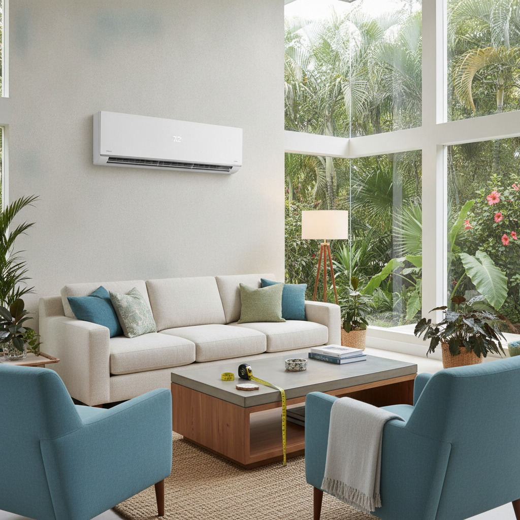 A cozy living room in a Palm Harbor home with a modern AC unit, perfect for AC Installation Palm Harbor FL