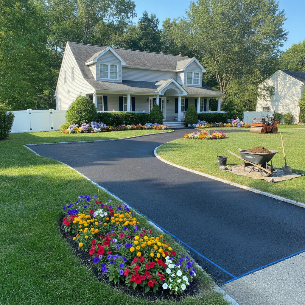 A newly paved residential asphalt driveway with clean edges and smooth finish, perfect for Residential Asphalt Paving Lodi NJ