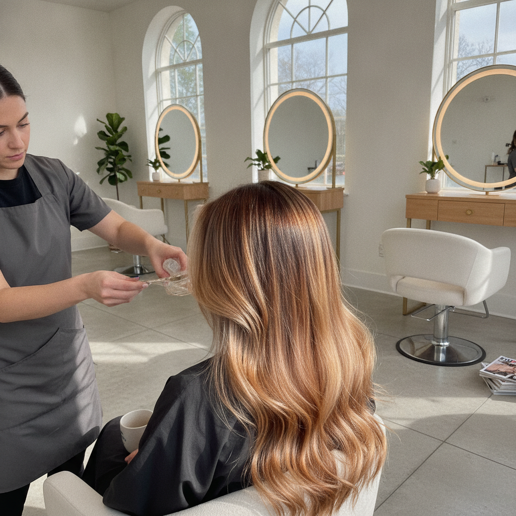 Balayage hair color Tribeca NYC – stylist applying gloss to fresh balayage in a modern salon