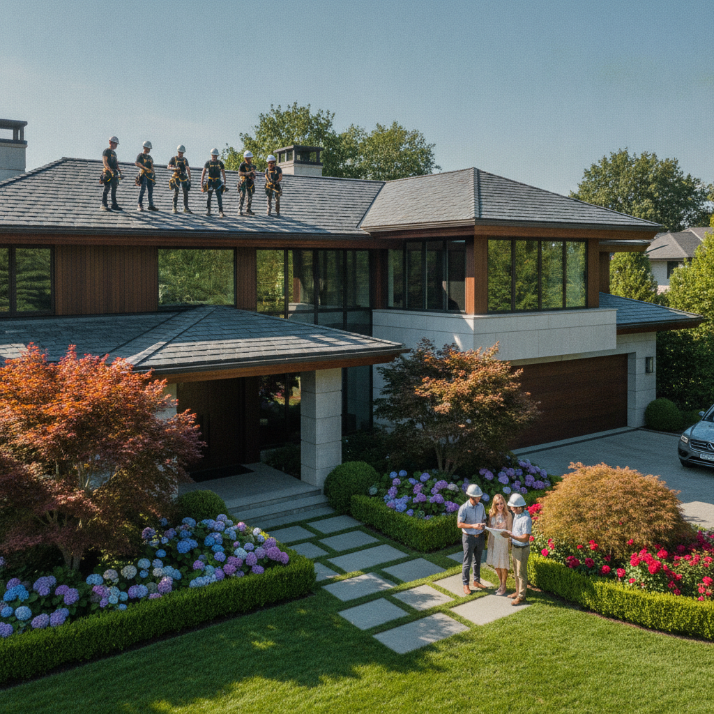 Residential roofers evaluating shingle installation, roofing company Bloomfield Hills