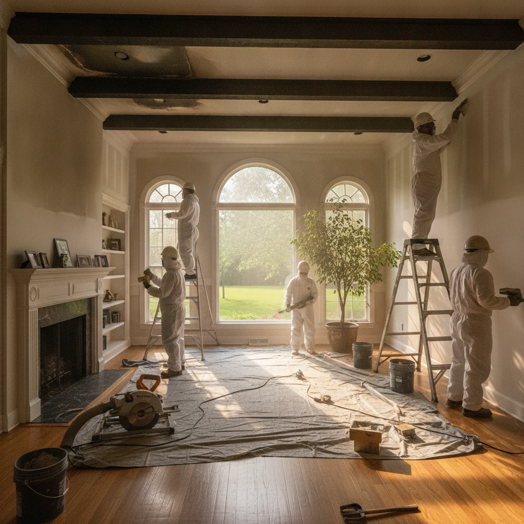 Fire damage restoration Bloomfield Hills home with professionals assessing charred interior