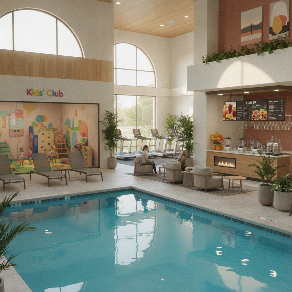 Modern fitness center Glendale AZ with pool, childcare area, and full-service amenities