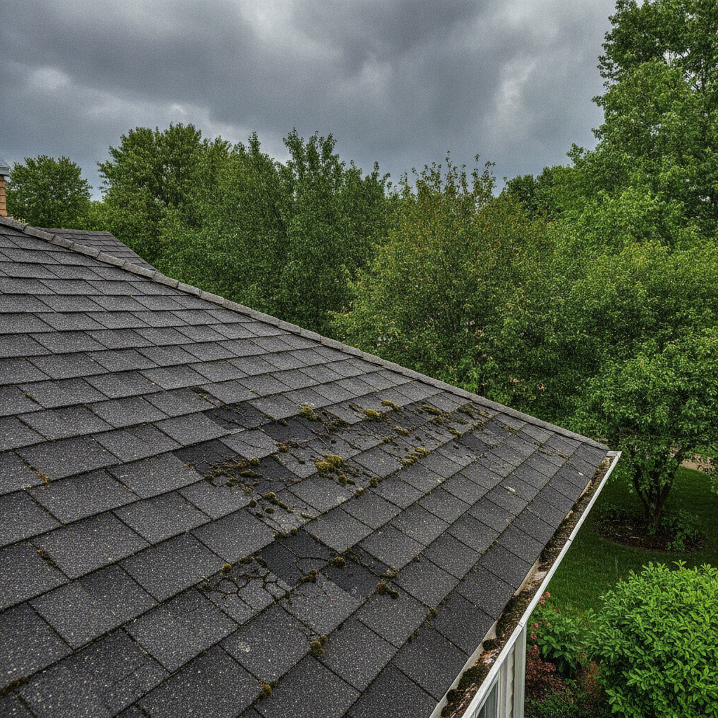 A professional roofing contractor bloomfield hills inspects a commercial roof for minor repairs, with tools and safety gear visible on a sunny day