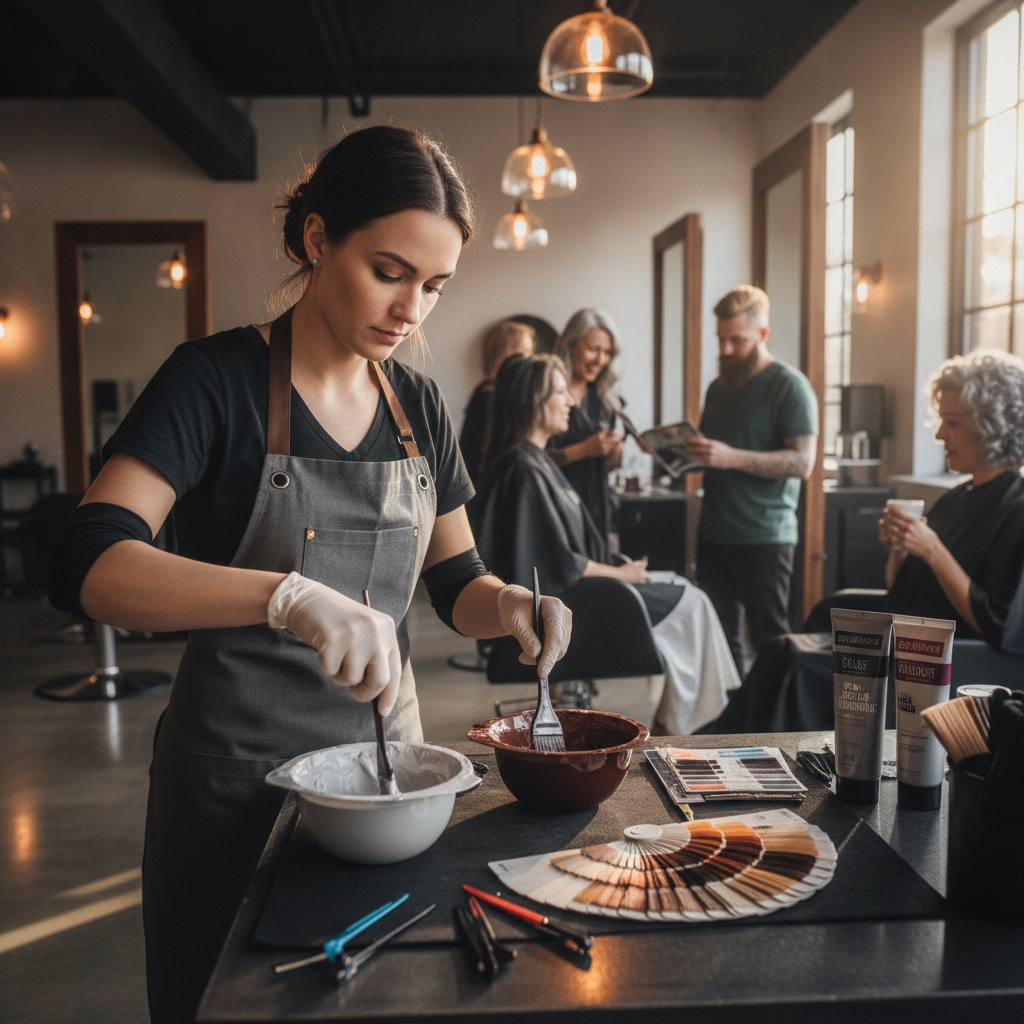 A professional stylist applying custom gray coverage, showcasing New York hair color specialists at work in a modern salon
