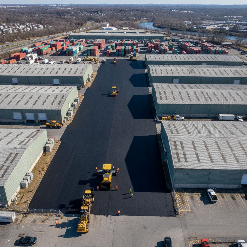 Freshly paved commercial asphalt lot with trucks and warehouse, showcasing Commercial Asphalt Paving Lodi NJ