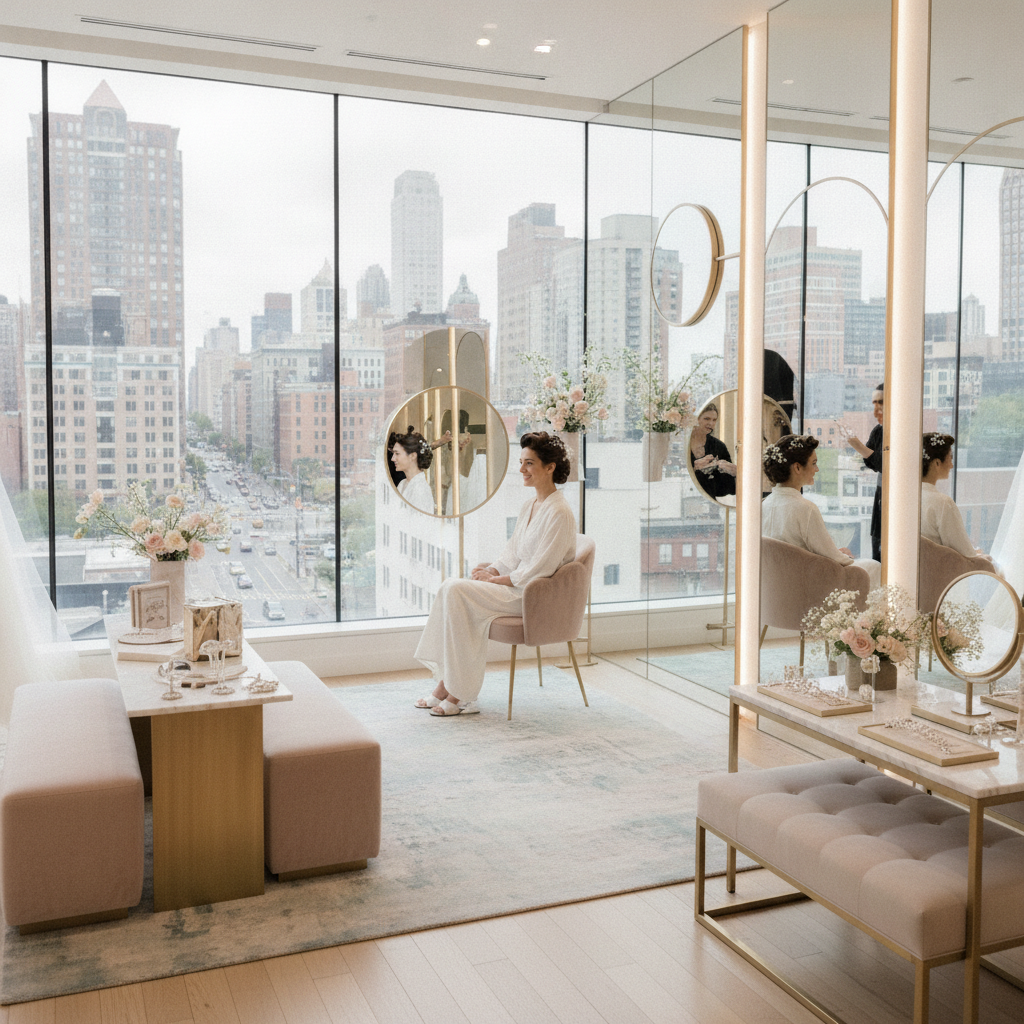 Bride with an elegant camera-ready updo getting final touches at a hair salon in Tribeca New York