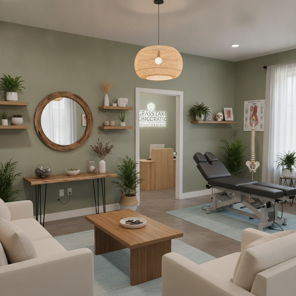 Modern chiropractic office with a chiropractor and patient, illustrating a typical visit experience with a Chiropractor Grass Lake MI