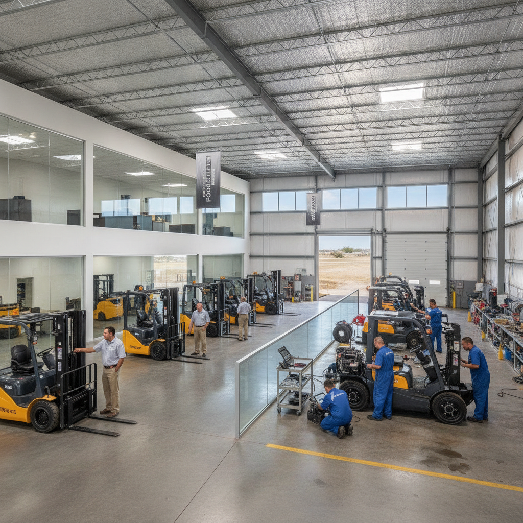 A forklift technician provides dealer support services in a warehouse, highlighting Forklift Sales Rockwall TX options and expertise