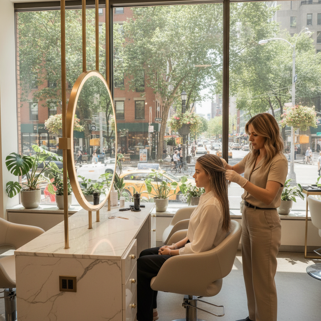A stylist applying keratin treatment in a modern downtown NYC salon, showing smooth, shiny hair results. Keratin treatment NYC.