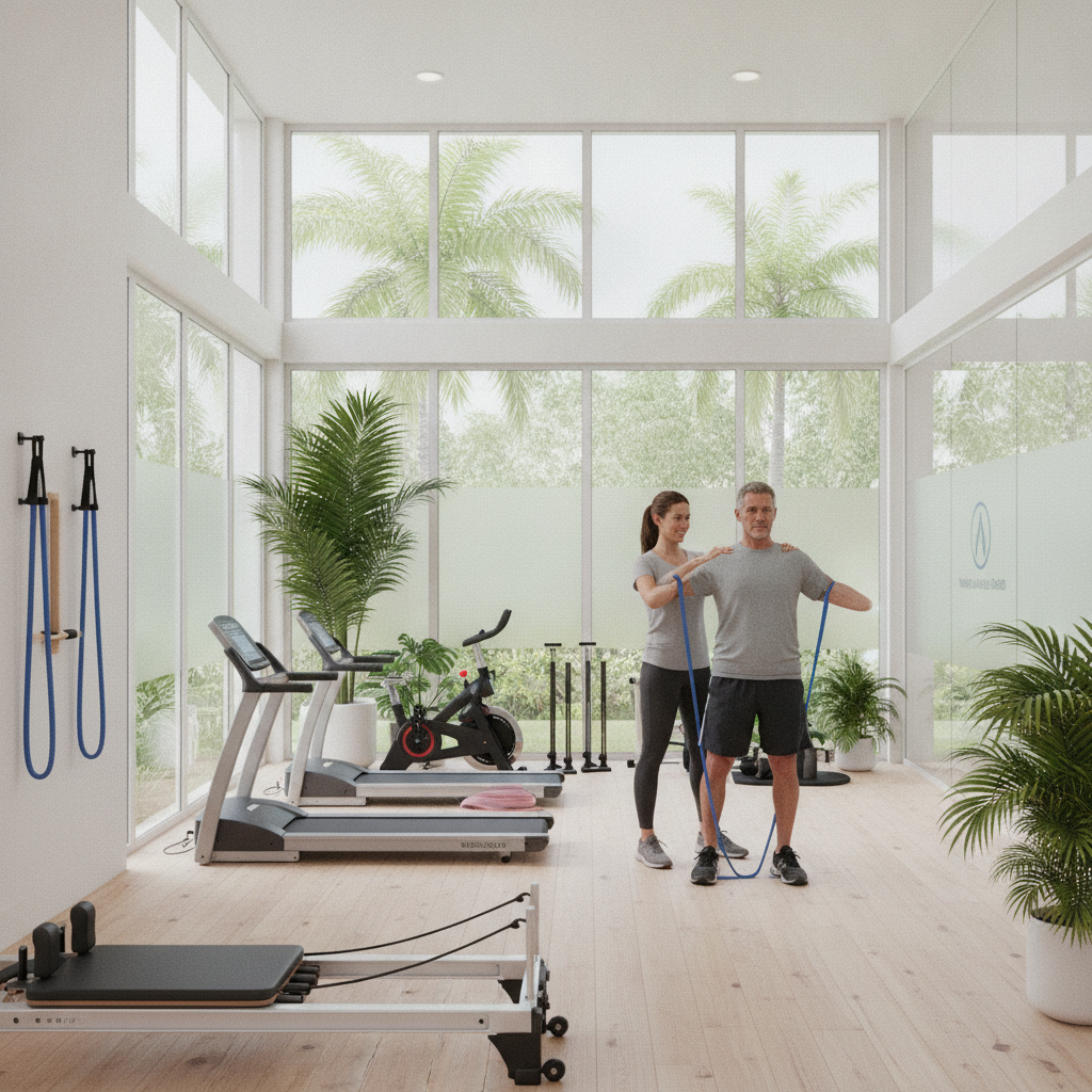 Physical therapist Naples FL helping a patient with joint replacement recovery exercises in a modern clinic