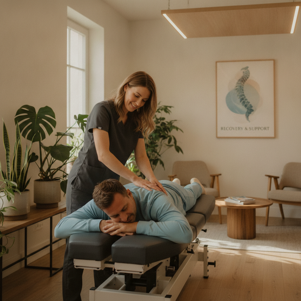 Chiropractor Rochester Hills providing auto accident care to a patient in a bright, modern clinic