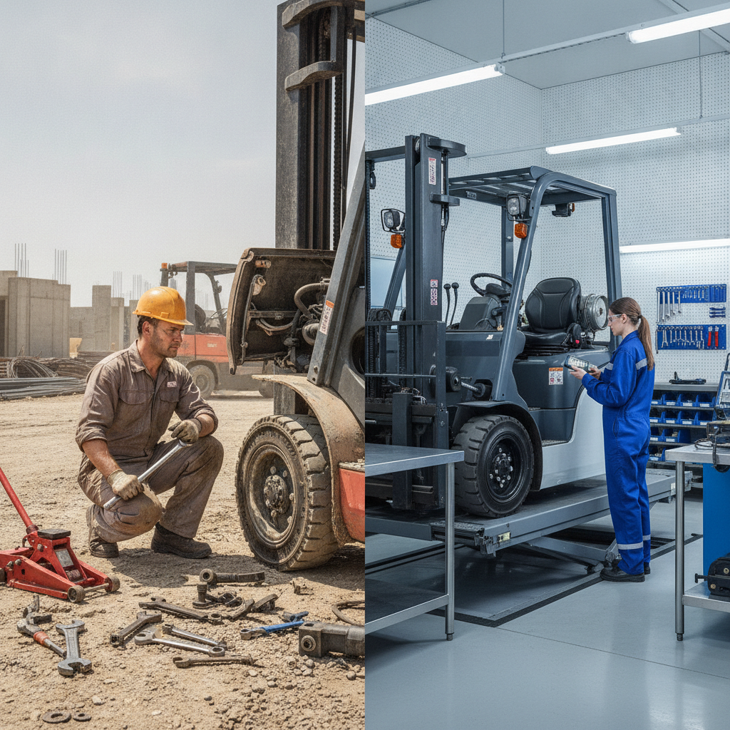 Technician performing Forklift Repair Rockwall TX in a busy warehouse, with tools and forklifts visible