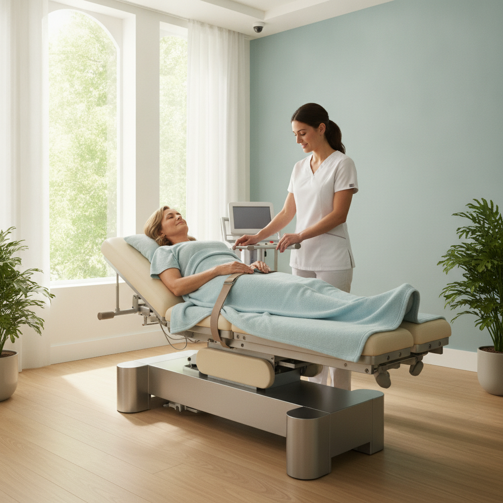Illustration of spinal decompression therapy session in a clinic, showing a patient receiving care with a focus on Spinal Decompression Therapy West Des Moines IA