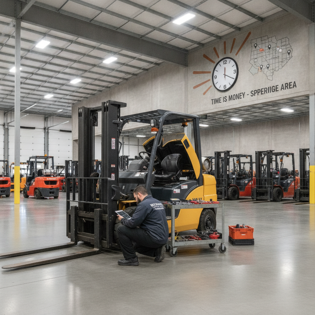 Mobile forklift technician repairing equipment outdoors, Forklift Repair Rockwall TX service