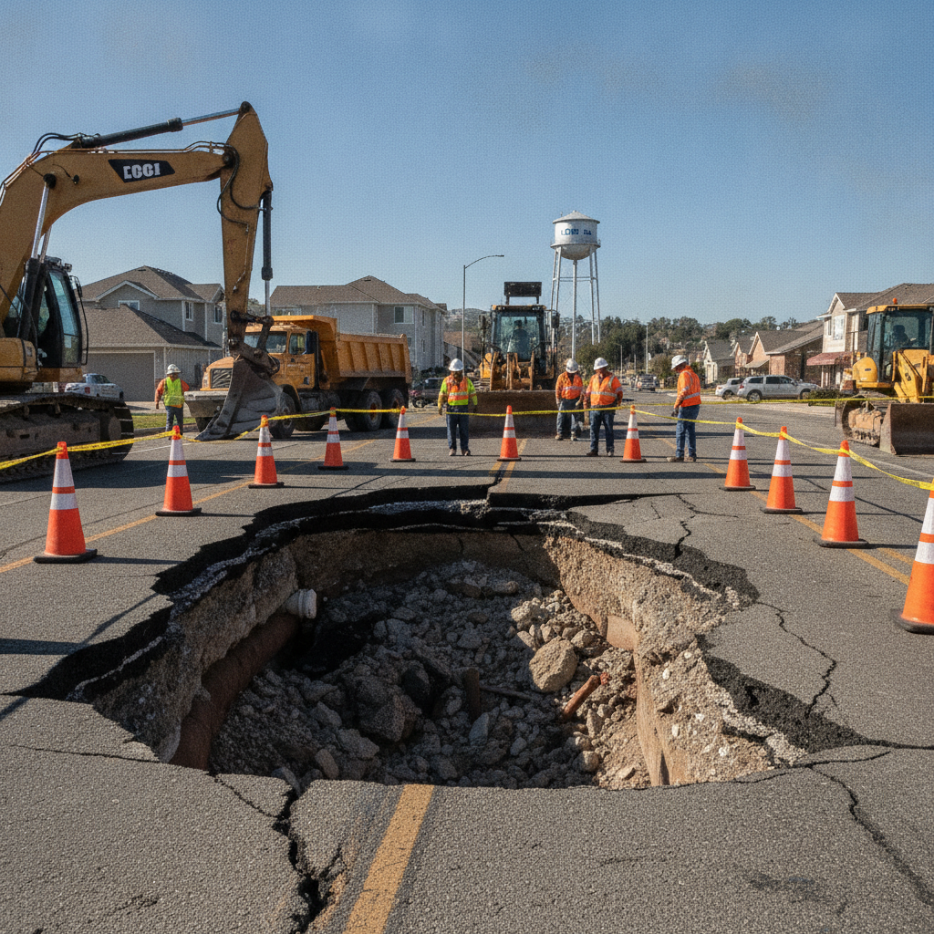 Collapsed section of pavement forming a sinkhole, illustrating why asphalt repair in Lodi NJ is needed