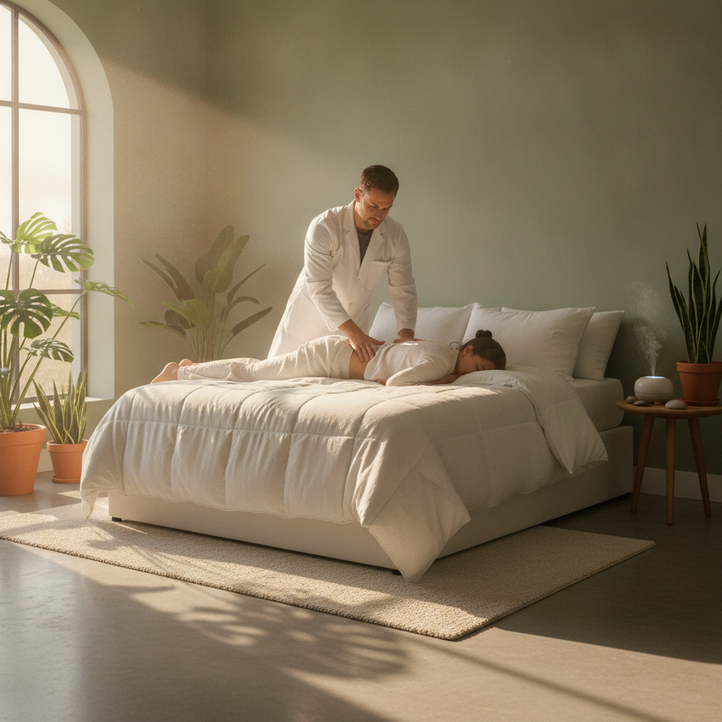 A relaxed person sleeping soundly after a session with a Chiropractor San Antonio TX, with a peaceful bedroom setting