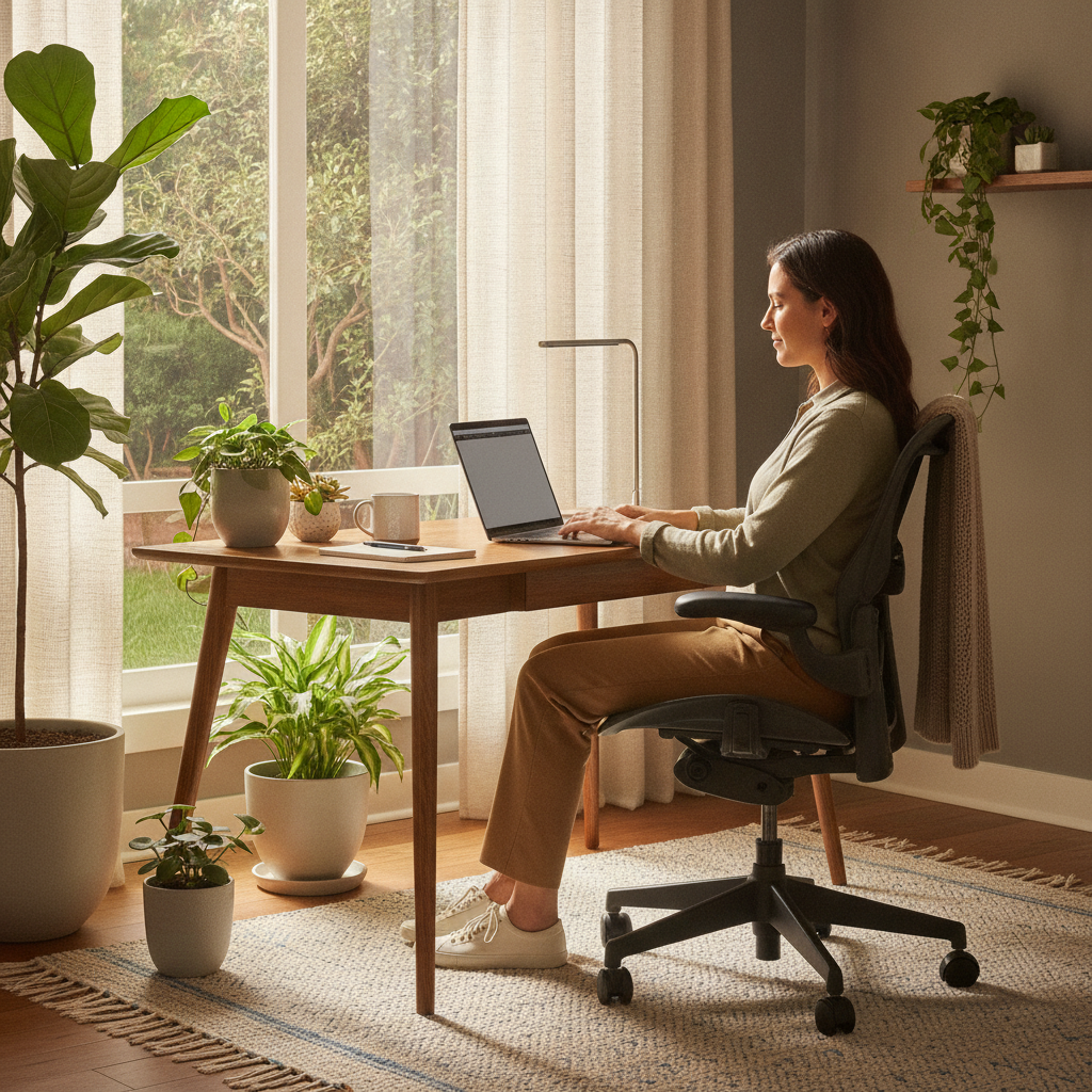 Person sitting with neutral spine posture at a desk, illustrating posture fixes and back pain treatment in Grass Lake MI