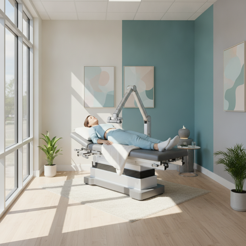 Patient receiving mechanical traction therapy from a chiropractor rochester hills specialist for disc pain relief in a modern clinic