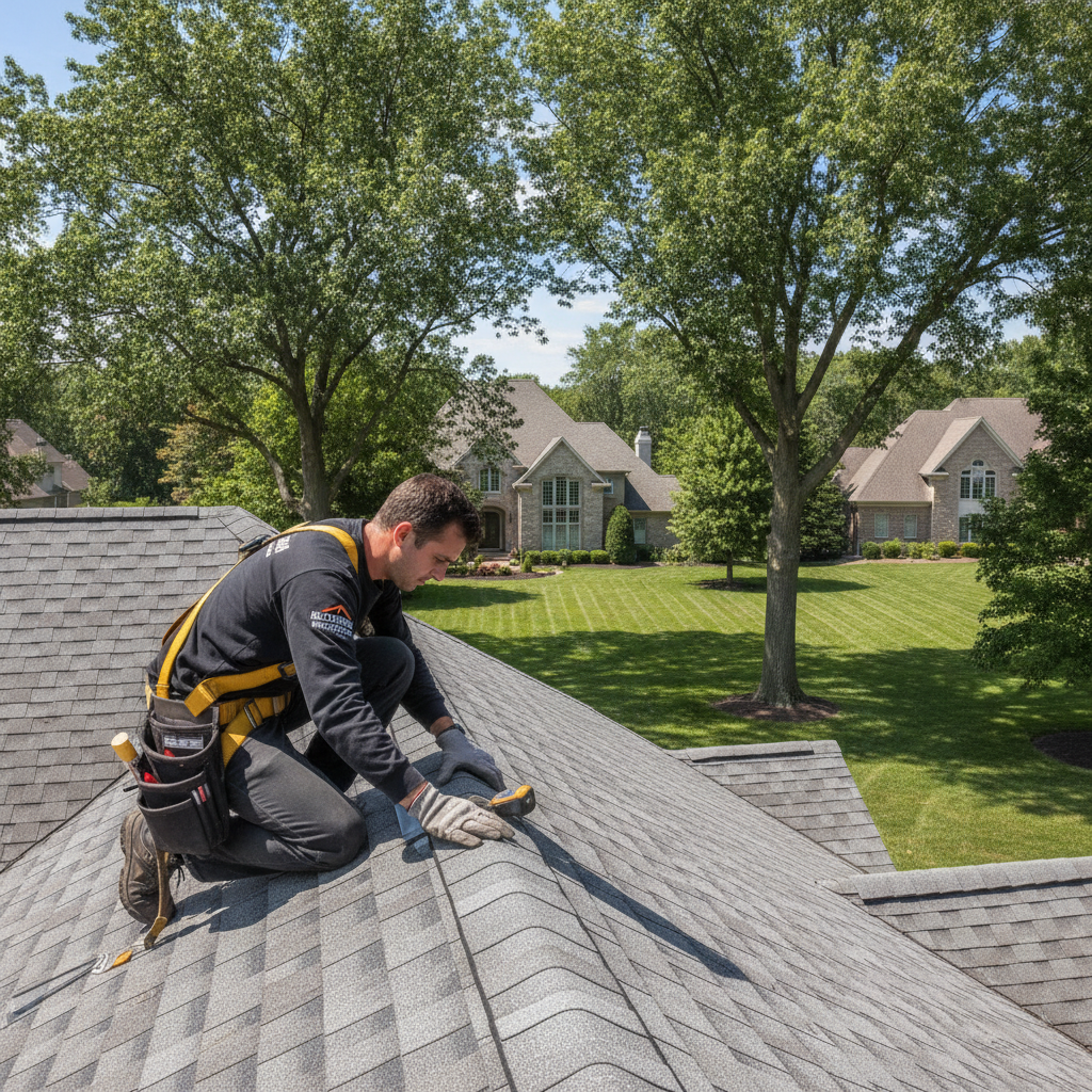 Roofer inspecting shingles on a home with a trusted roofing company in Bloomfield Hills