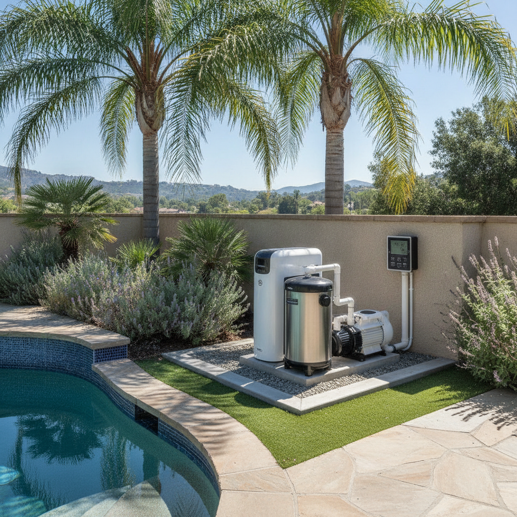 Modern pool equipment installation Rancho Margarita CA with upgraded pumps and filters beside a sparkling blue pool