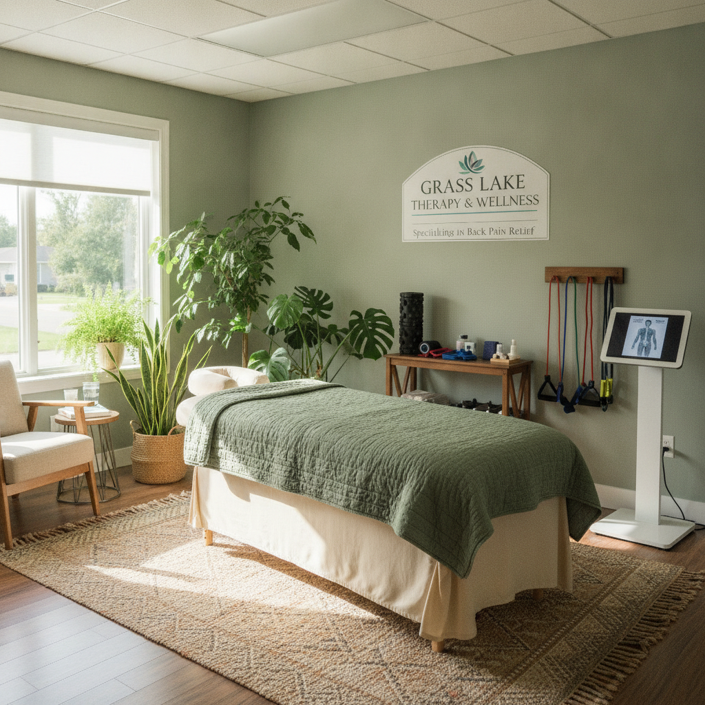 Non-surgical back pain treatment options in Grass Lake MI showing a chiropractor consulting with a patient and demonstrating exercises