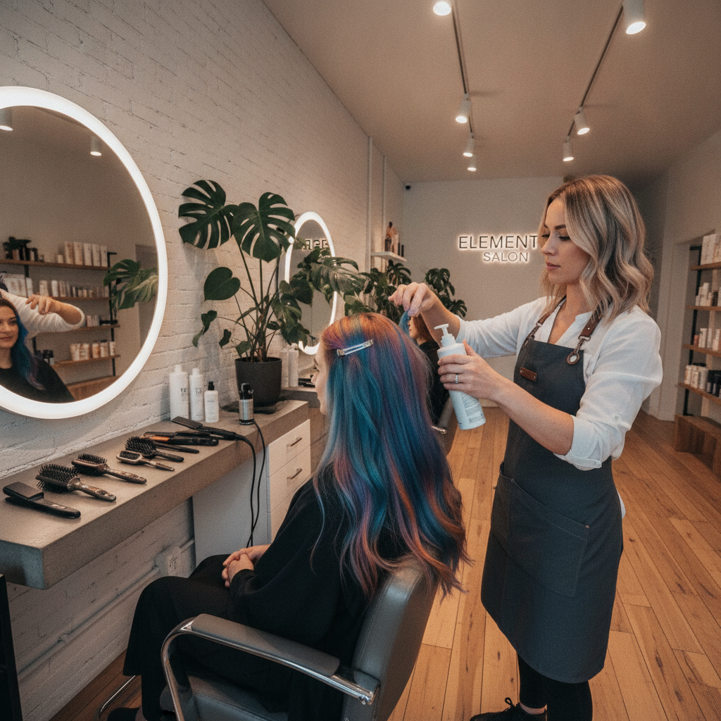 Stylist applying a bond-building treatment to colored hair, a service offered by New York hair color specialists