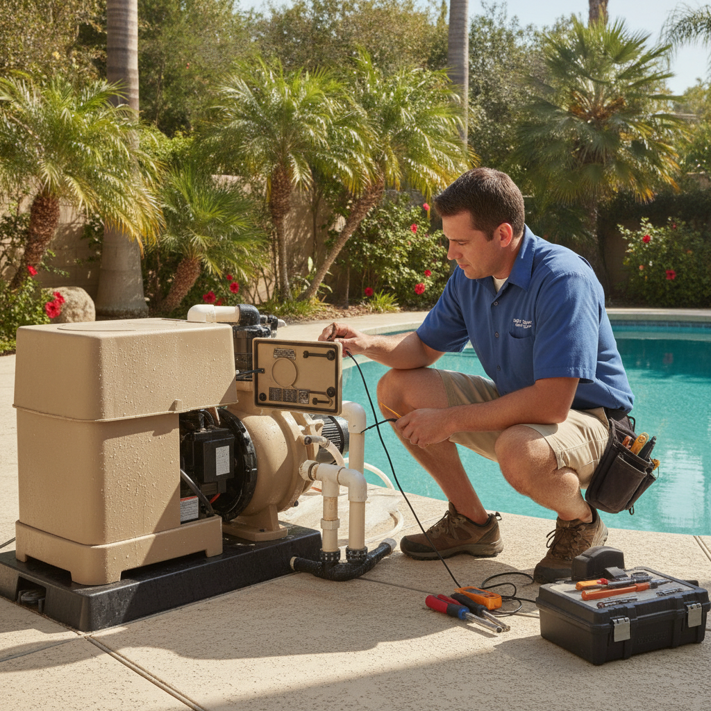 Technician performing pool pump repair irvine ca, inspecting pool equipment and water flow