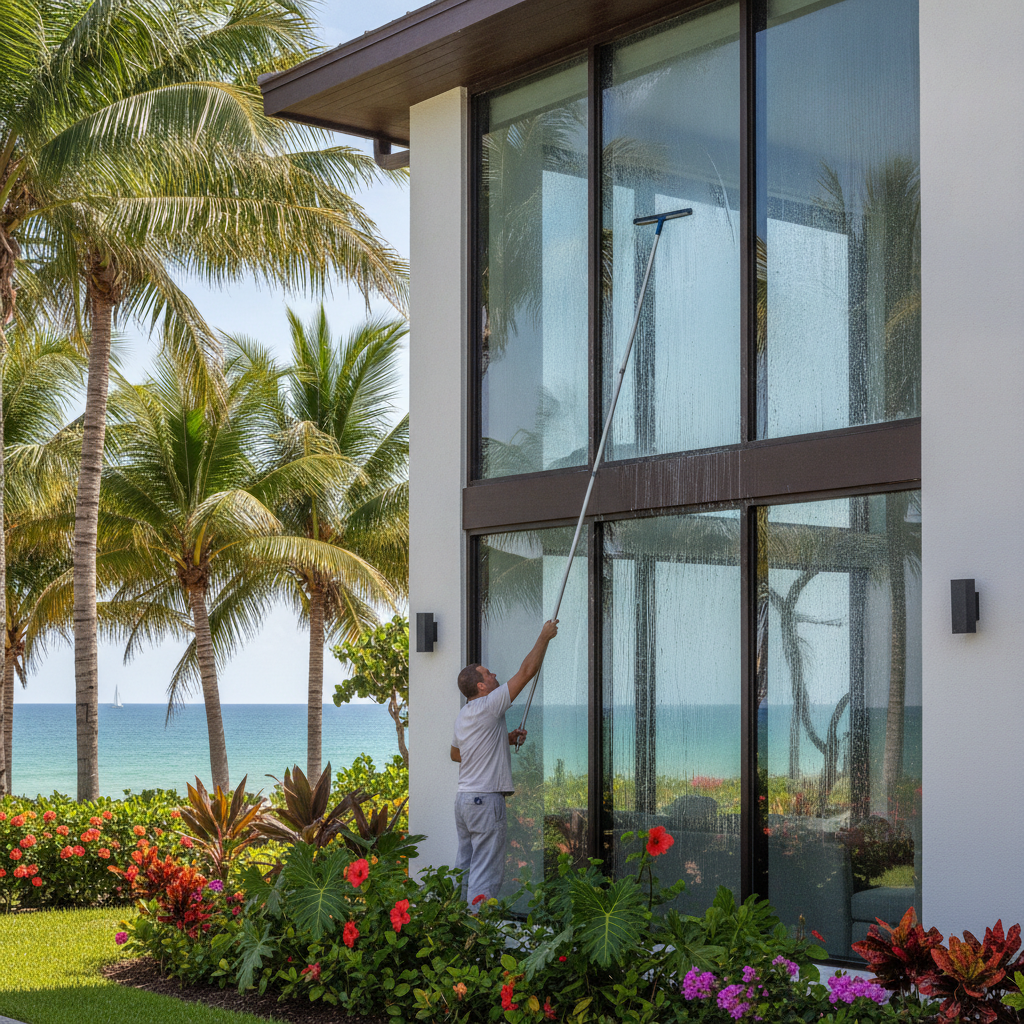 Modern home with large windows overlooking the ocean, demonstrating Residential Window Cleaning Fort Lauderdale FL needs in a coastal climate