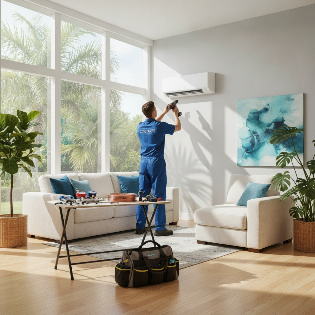 Technician performing AC installation with tools, AC Installation Tampa FL