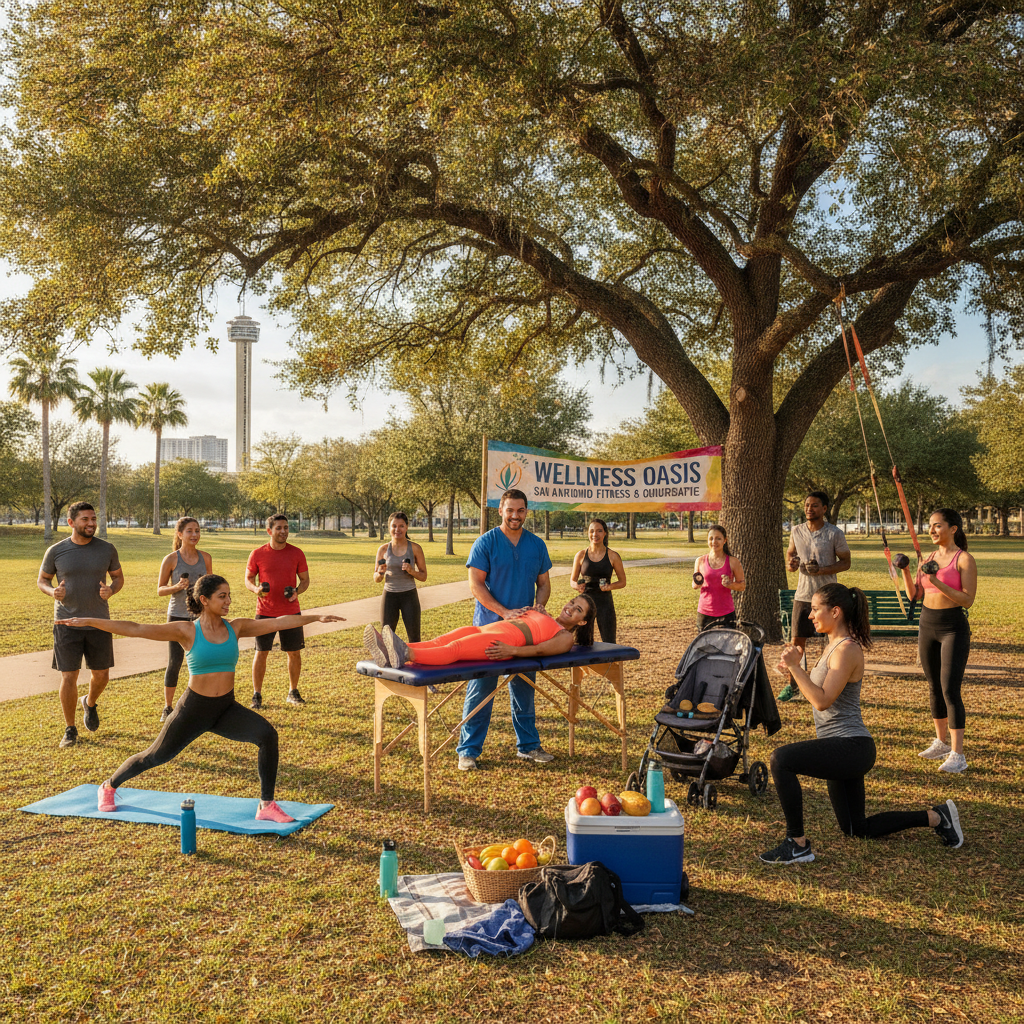 A group of active adults stretching outdoors with a chiropractor guiding them, highlighting chiropractic care San Antonio TX for fitness enthusiasts