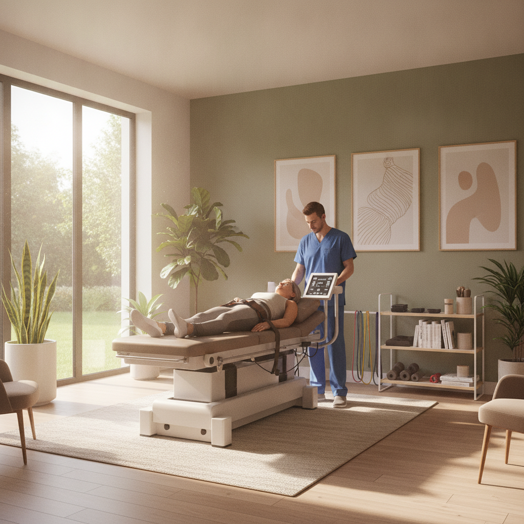 Patient experiencing spinal decompression therapy West Des Moines IA in a modern clinic setting