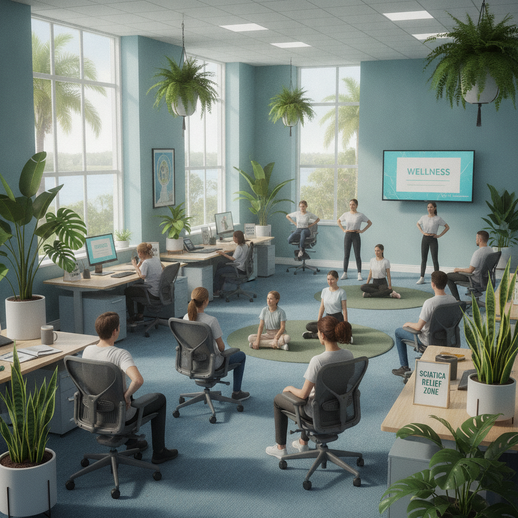 Office worker experiencing sciatica, seeking sciatica treatment Naples FL, shown in a modern workspace