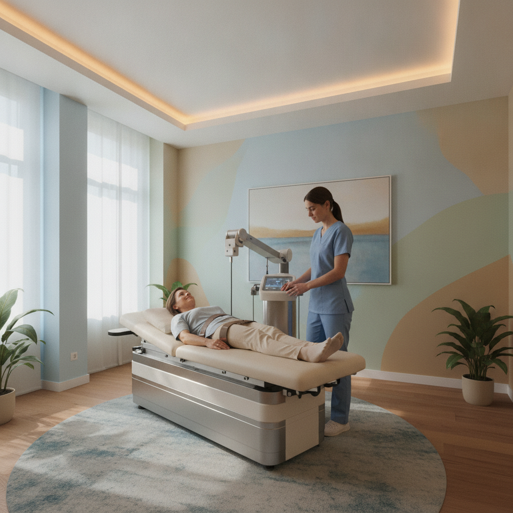 Patient receiving Spinal Decompression Therapy West Des Moines IA in a modern chiropractic clinic