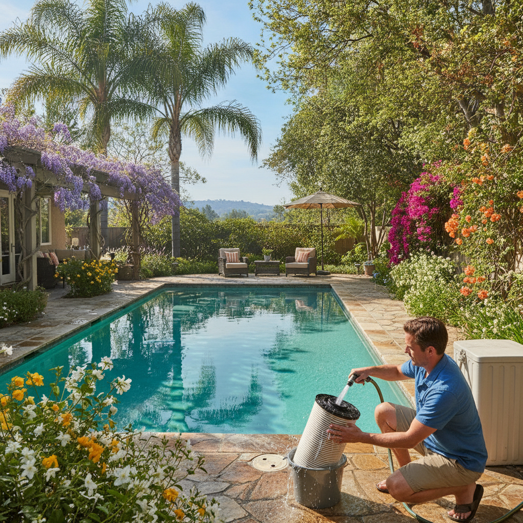 Technician performing pool filter cleaning service in Irvine CA, preparing for spring and peak swim season